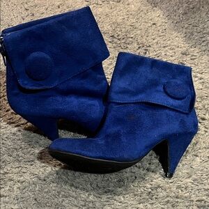 1980’s inspired Women’s Fold-Over Ankle Booties in Blue Suede big button